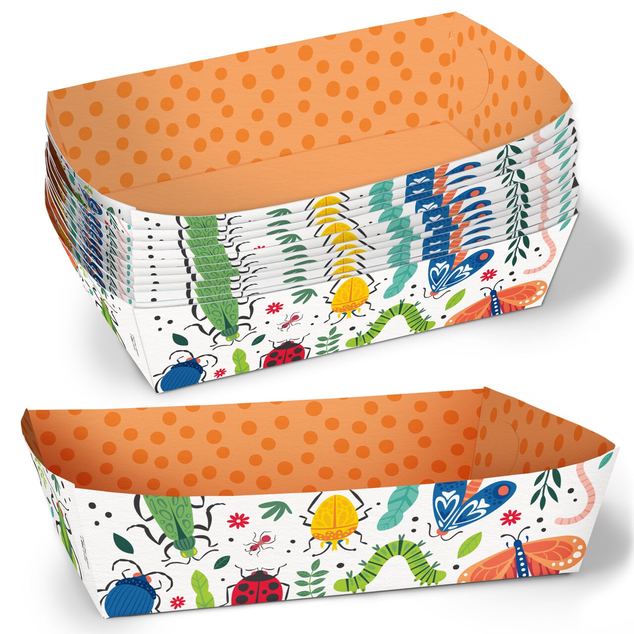 Big Dot of Happiness Bug Party Paper Food Trays, Disposable Food Boats, Colorful Insect Bugs Birthday Supplies Double-Sided Paper Meal Holders - 12 Ct